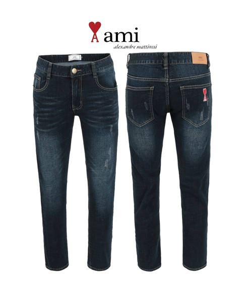 아미 진청 스크래치 워싱 슬림팬츠