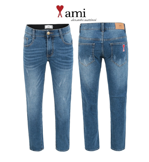 아미 중청 스크래치 워싱 슬림팬츠