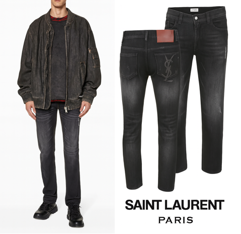 세인트 로랑 레터링 자수 빅로고 융기모 흑청 슬림진