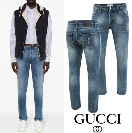 구찌 자가드 버티컬 자수 융기모 슬림진